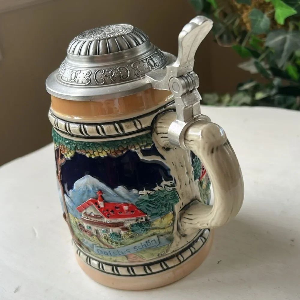 Vintage German Ceramic Beer Stein with hinged Pewter Lid